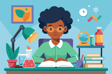 Studying. African American girl student at the desk studying science. Vector illustration
