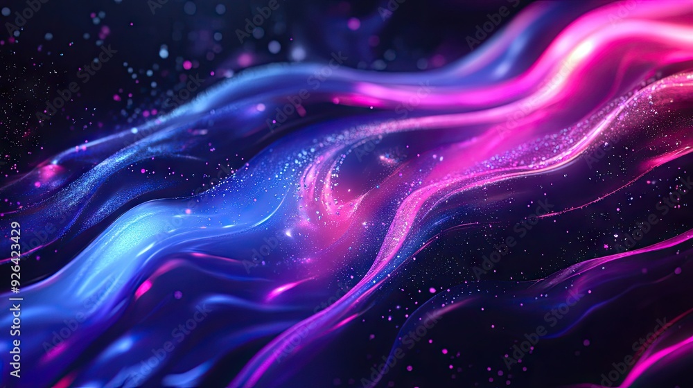 Poster dynamic liquid flow with glowing particles, showcasing a trendy and fluid cover design. eps10 vector