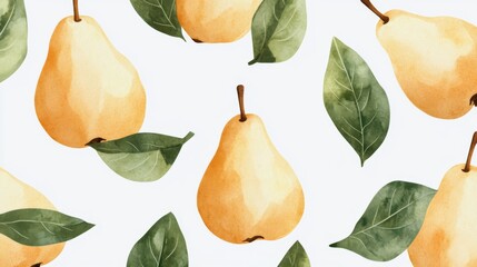 Obraz premium Close up cartoon pears and leaves on a white background. Pear fruit texture