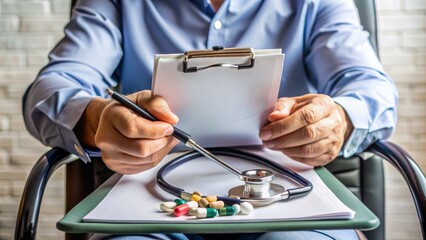 A close-up shot of a person's hands holding a document with a stethoscope and pills, symbolizing support for those seeking disability benefits assistance.