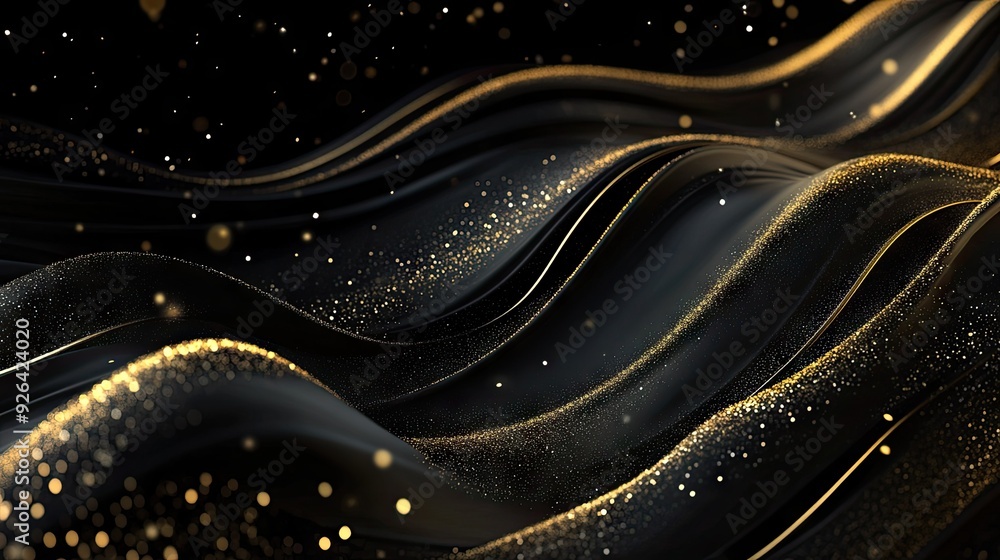 Poster elegant abstract black background in 3d with curved gold lines and sparkles, offering a luxurious te