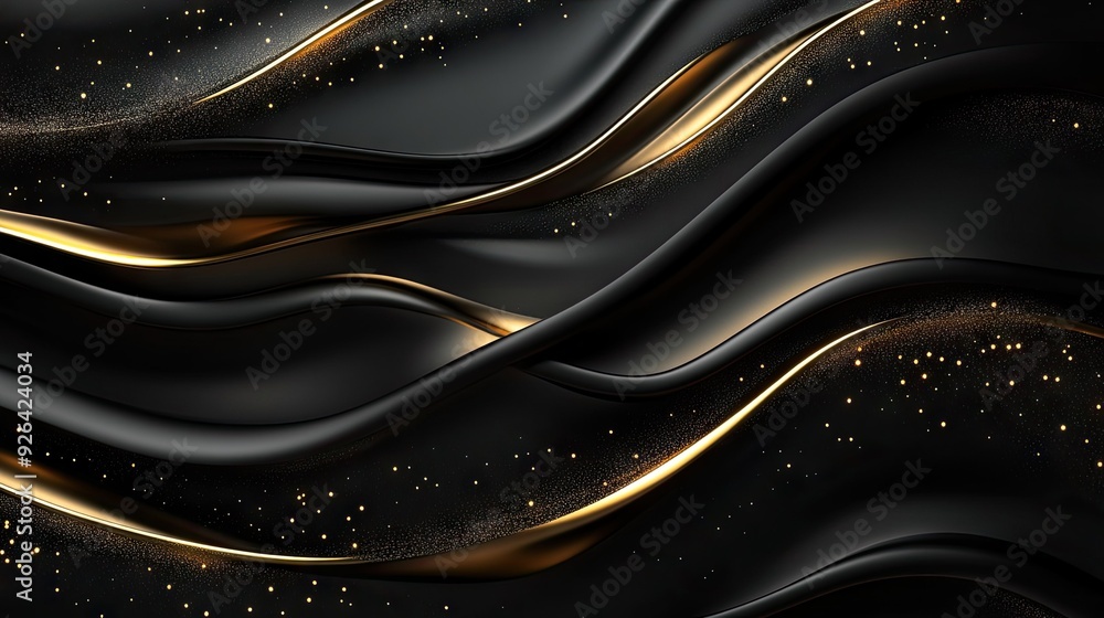 Poster elegant abstract black background in 3d with curved gold lines and sparkles, offering a luxurious te
