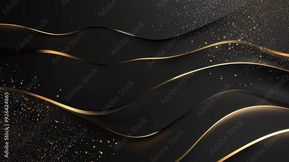 Poster elegant abstract black background in 3d with curved gold lines and sparkles, offering a luxurious te