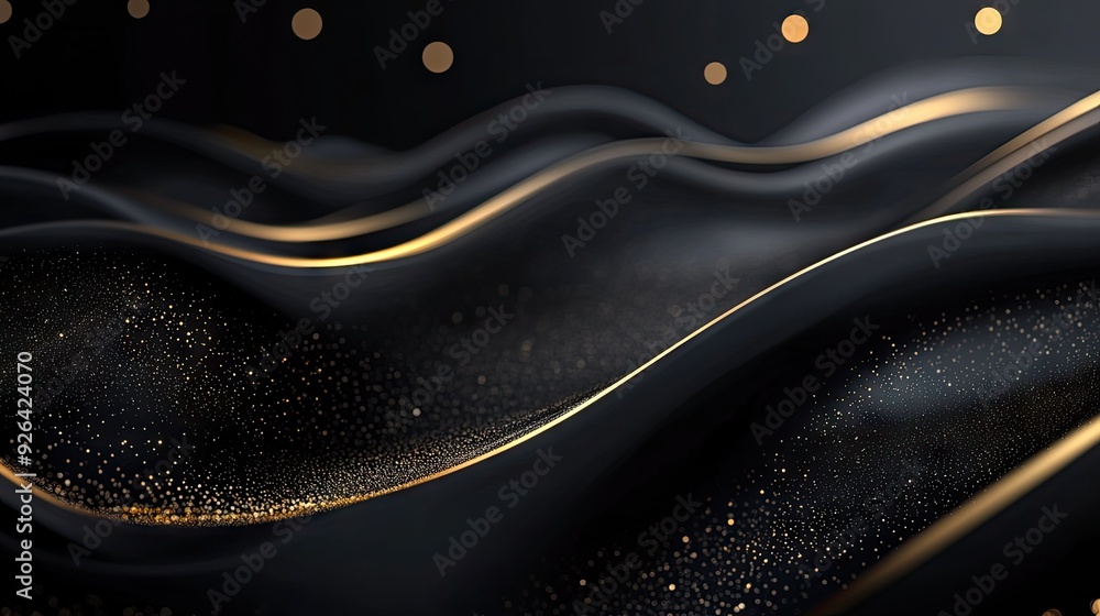 Poster elegant abstract black background in 3d with curved gold lines and sparkles, offering a luxurious te