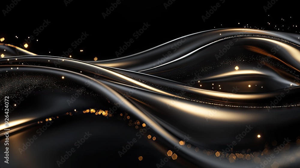 Poster elegant abstract black background in 3d with curved gold lines and sparkles, offering a luxurious te