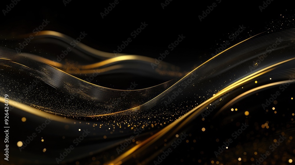 Poster elegant abstract black background in 3d with curved gold lines and sparkles, offering a luxurious te