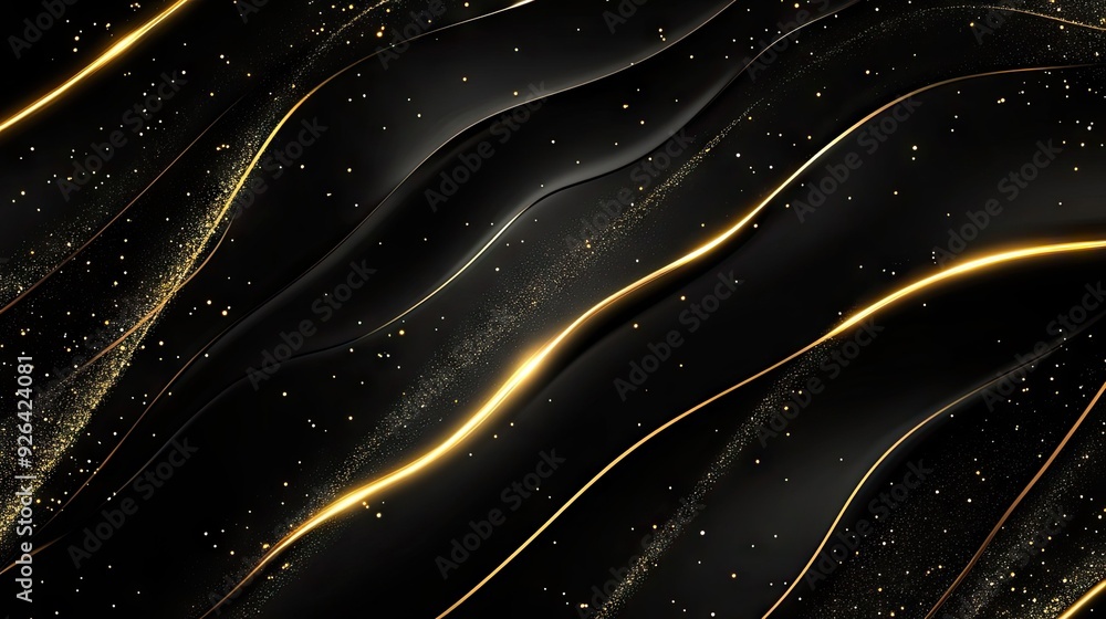 Poster elegant abstract black background in 3d with curved gold lines and sparkles, offering a luxurious te