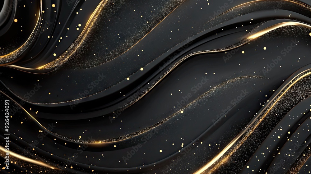 Poster elegant abstract black background in 3d with curved gold lines and sparkles, offering a luxurious te