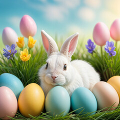Easter background. Awhite bunniy,  colorful eggs and spring dlowers