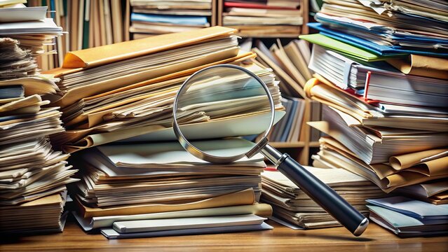 A cluttered desk with scattered papers, folders, and a magnifying glass, signifies a meticulous search for information in a complex document archive.