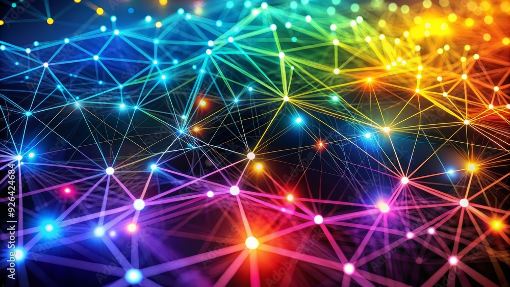Poster a colorful abstract illustration of interconnected nodes and lines forming a network, representing d