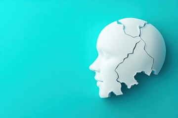 Fractured Sculpture. White cracked human head profile, broken mask con