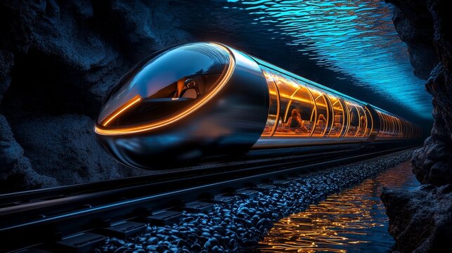 Hyperloop tube passing through underwater glass tunnel