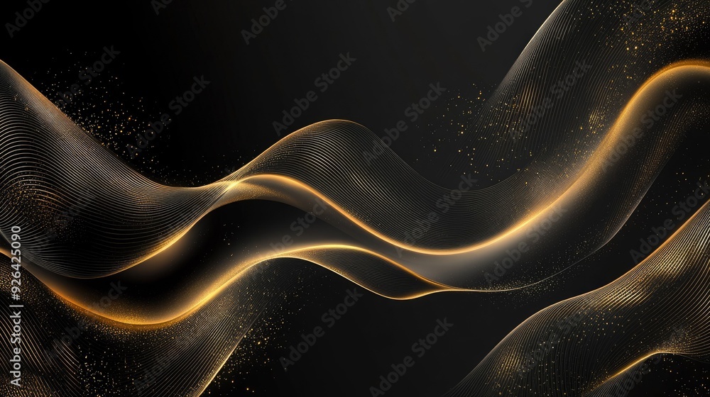 Aufkleber elegant black background with wavy gold lines and subtle sparkles in 3d, ideal for luxury design tem