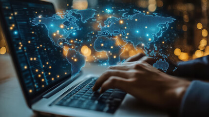 Hands typing on a laptop with a digital blue hologram world map on the screen, global technology interface in a dark room
