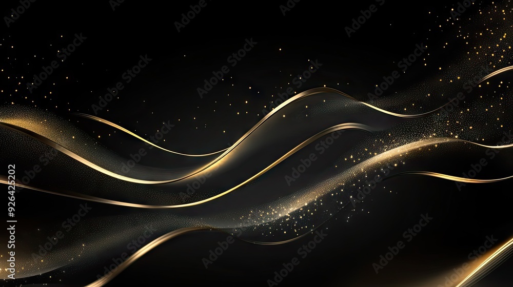 Poster elegant black background with wavy gold lines and subtle sparkles in 3d, ideal for luxury design tem