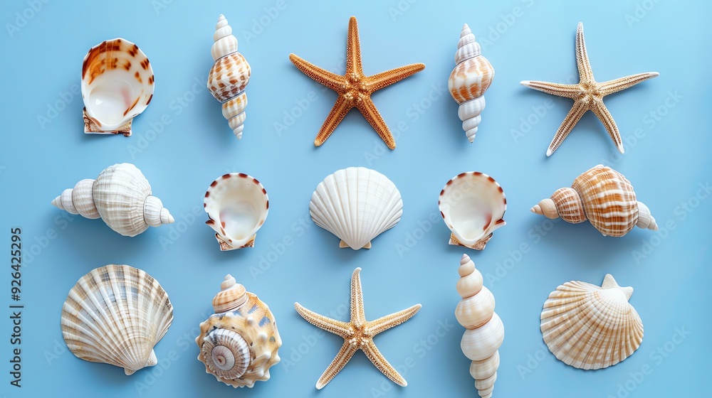 Poster seashells and starfish arranged in a pattern on a blue background.