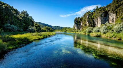 Clear River Meandering Through a Lush Green Valley with Majestic Cliffs and Reflections of a Deep Blue Sky. AI generated illustration