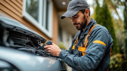 Technician man doing repair or maintenance work servicing a car engine under the hood in the driveway. Professional auto mechanic fixing vehicle issues.