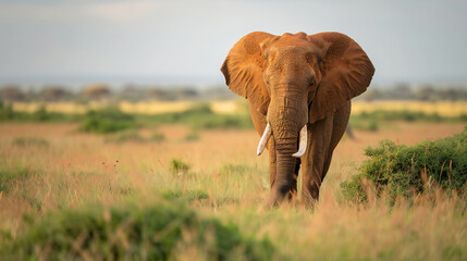 Obraz premium African Elephant in the Savanna Walking Majestically Through the Wild Landscape in Africa