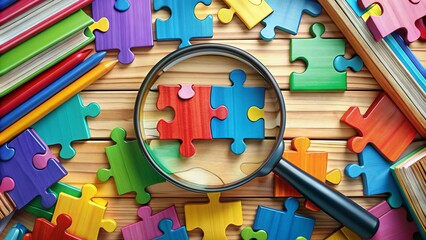 A colorful illustration of a puzzle with letters and grammatical symbols, surrounded by books and a magnifying glass, emphasizing the importance of language rules.