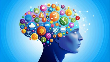 A colorful illustration of a person's head with multiple thought bubbles containing icons of social media, email, and video games, symbolizing digital distraction.