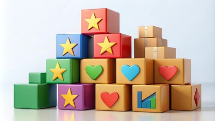 Obraz premium A colorful illustration of stacked boxes in various sizes with a icons such as a star, heart, and arrow incorporated into the design.