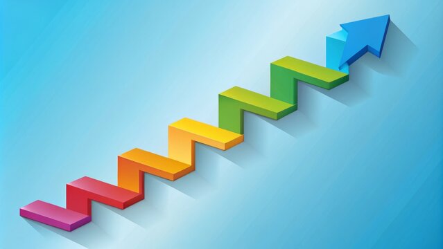 A colorful illustration of a step-by-step timeline concept with arrow-shaped blocks forming a staircase, symbolizing progress and goal achievement over time.