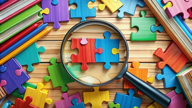 A colorful illustration of a puzzle with letters and grammatical symbols, surrounded by books and a magnifying glass, emphasizing the importance of language rules.