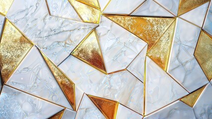 Geometric Fusion. Abstract composition of triangular shapes in gold and white with marbled textures, separated by golden lines.