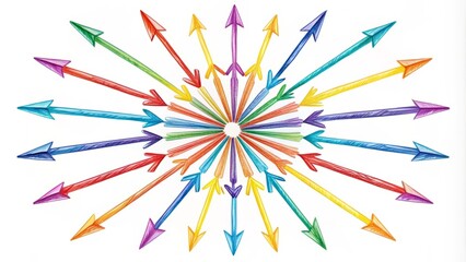 A colorful set of variously sized and shaped arrows, hand-drawn in bold lines and vibrant hues, radiating from a central point on a white background.