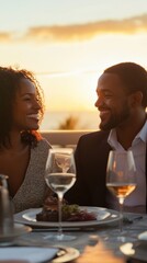 Obraz premium A couple shares a joyful moment during a sunset dinner, surrounded by beautiful ocean scenery and elegant dining