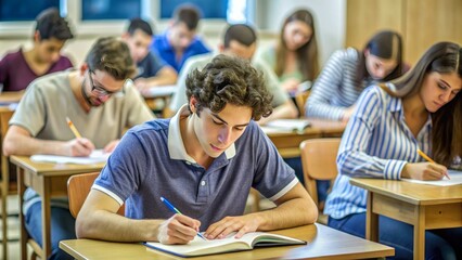 A concentrated student sits at a desk surrounded by notes and textbooks, taking a challenging exam in a modern Israeli university classroom setting.