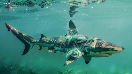 Naklejka premium A majestic shark glides through clear blue waters, showcasing its powerful form and intricate patterns against the sea life.