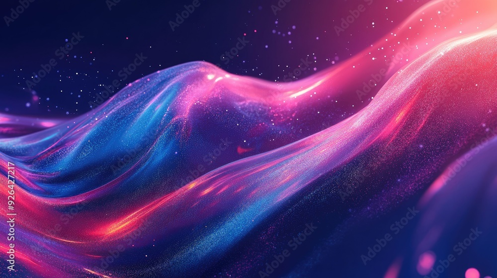 Poster fluid cover design showcasing glowing particles and dynamic liquid flow. trendy eps10 vector illustr