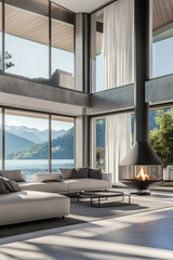 Luxury minimalist living room, with modern fire place, two floor high ceiling. Lake view outside the window. Spacious cozy sofa.