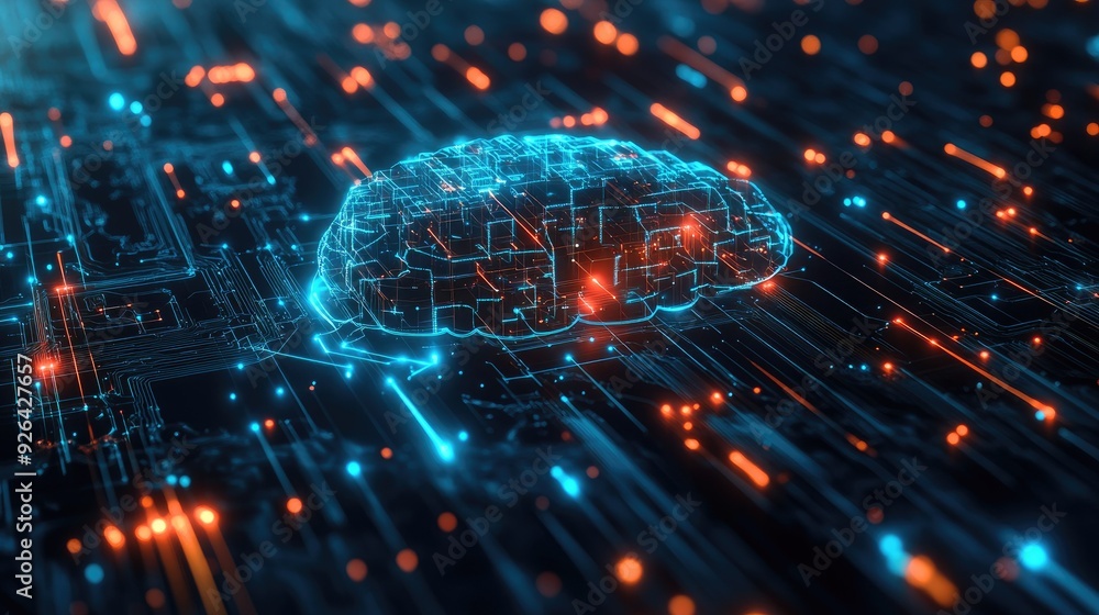 Poster futuristic ai visual with electric circuit lines and digital effects. ideal for tech graphics, websi