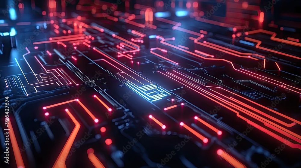 Poster futuristic ai visual with electric circuit lines and digital effects. ideal for tech graphics, websi