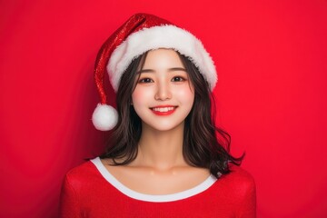 サンタ帽子をかぶったクリスマスを楽しむ日本人女性（セクシー・かわいい・モデル・ポートレート）