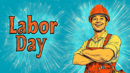The concept of celebrating Labor Day. On a blue background, a smiling male construction worker in a red helmet, next to the inscription. Illustration. The concept of unity and labor in America.