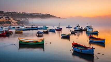 Fototapeta premium Quiet Harbor at Dawn with Colorful Fishing Boats Bobbing on the Water and Mist Rising from the Sea. AI generated illustration