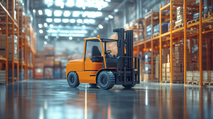 Orange and black forklift truck near wooden pallets inside a large warehouse. Industrial interior, organized storage space, logistics, and transportation machinery.