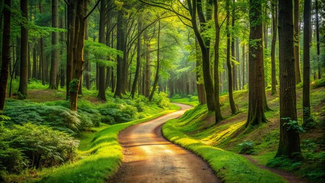A curved dirt path winding through a lush green forest, symbolizing a transformative journey, new direction, or change of pace in a serene natural setting.