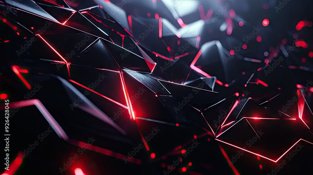Poster futuristic black polygon background with dynamic red light accents, creating a high-tech and abstrac