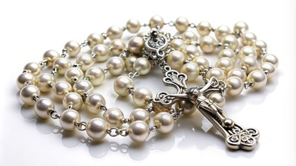 A delicate Catholic rosary with intricately designed silver cross and pearls lies peacefully on a pure white background, symbolizing spirituality and devotion.