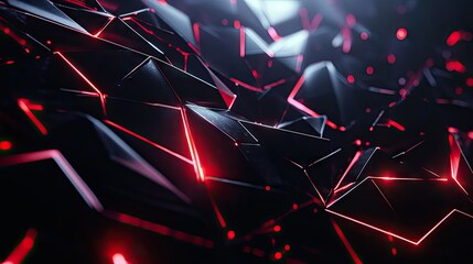 Futuristic black polygon background with dynamic red light accents, creating a high-tech and abstract technology design.