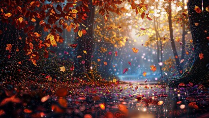 Fototapeta premium Autumn Forest Reflections. Enchanting forest scene with vibrant fall foliage, magical lights, and reflections in a shimmering puddle.