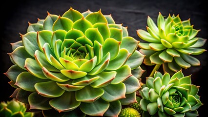 Fototapeta premium A delicate hen and chick succulent plant with intricate rosettes and plump leaves in shades of green and yellow, set against a dark background.