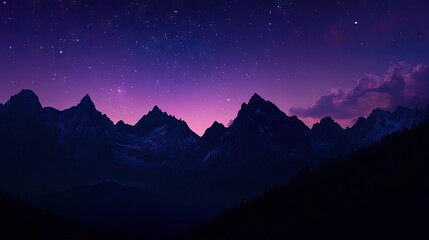 Rugged Mountain Range at Dusk with Jagged Peaks Silhouetted Against a Deep Purple and Blue Sky, and Stars Beginning to Twinkle. AI generated illustration