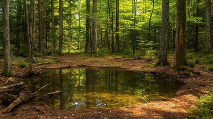 Secluded Forest Glade with a Crystal-Clear Pond Surrounded by Towering Trees and Thick Underbrush. AI generated illustration